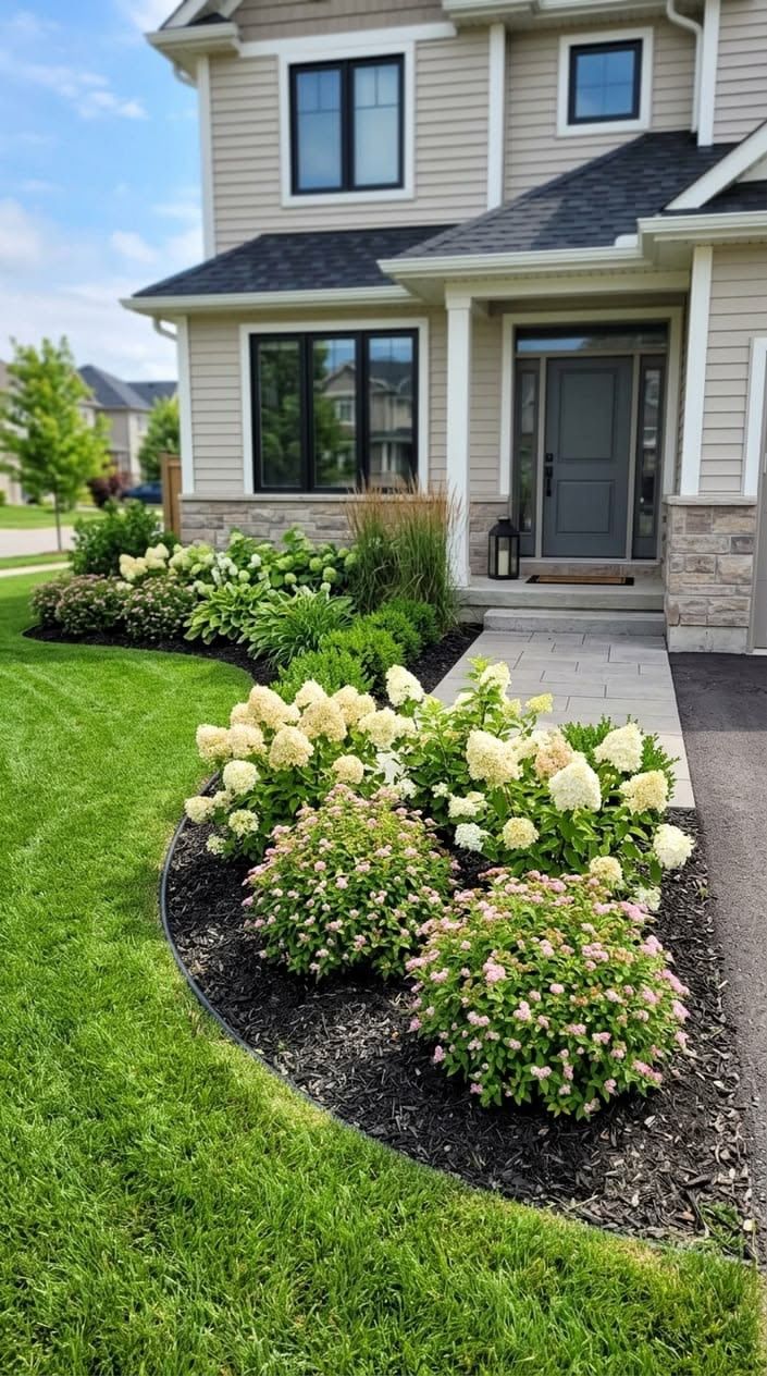 Curved garden bed with hydrangeas beside a front walkway