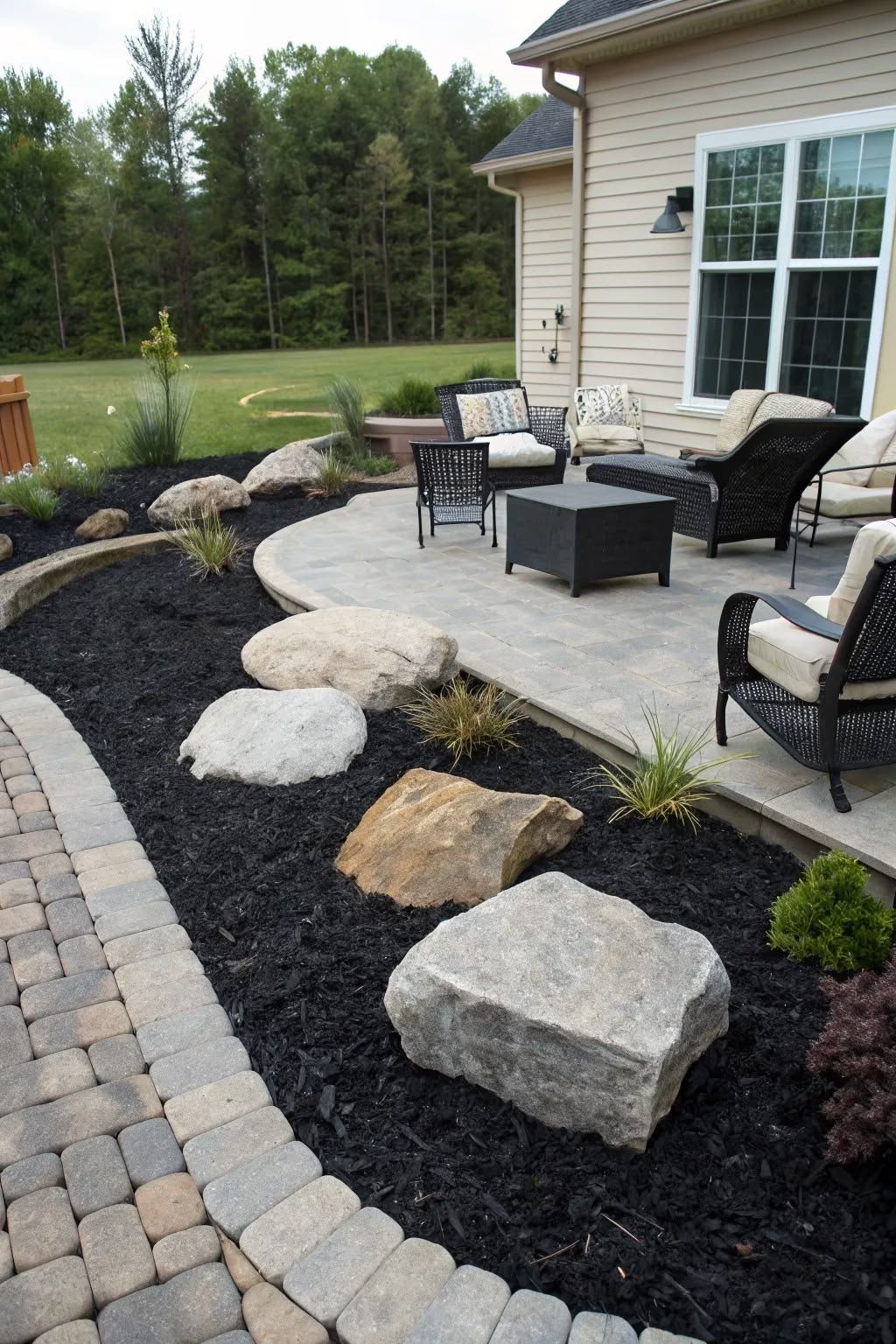 Paver patio with boulder garden